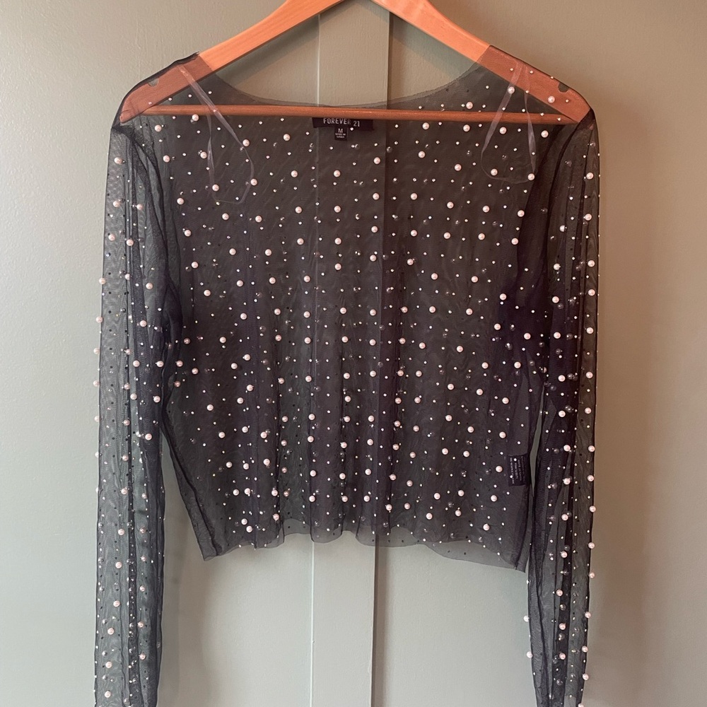 Forever 21 Black Sheer Mesh Pearl-Studded Long Sleeve Top